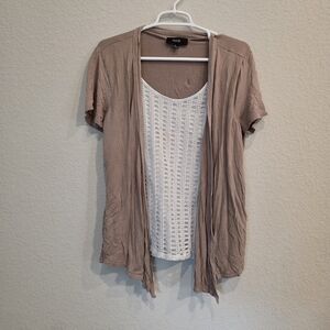 NAIF Taupe Open-Front Short Sleeve Cardigan with White Crochet Tank Top